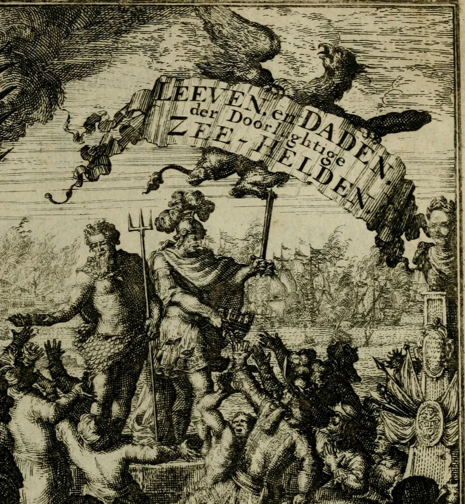 An illustration from Leeven en daden der doorluchtighste zee-helden en ontdeckers van landen deser eeuwen : beginnende met Christoffel Colombus, vinder van de nieuwe wereldt, en eyndigende met den roemruchtigen admirael M.A. de Ruyter, Ridd. &c. : vertoonende veel vreemde voorvallen, dappere verrichtingen, stoutmoedige bestieringen, en swaere zee-slagen, &c. : naeukeurigh, uyt veele geloofwaerdige schriften, en authentijcke stucken, by een gebracht, en beschreven, 1676, leaf 8