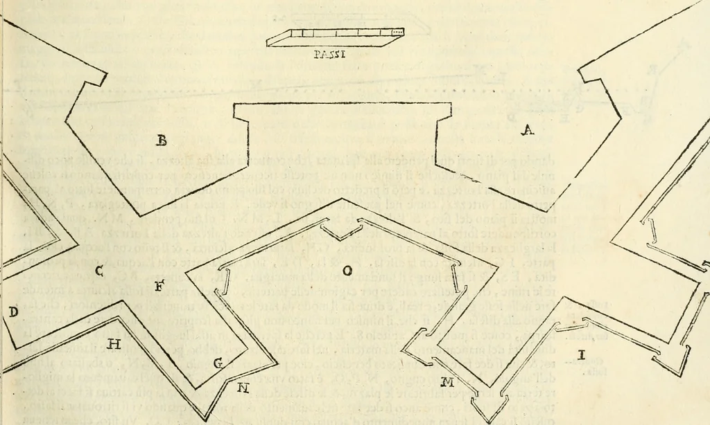 An illustration from Le fortificationi di Buonaiuto Lorini, nobile fiorentino ... : con l'aggiunta del sesto libro doue si mostra, con la scienza e con la pratica, l'ordine di fortificare le città & altri luoghi, con tutti gli auuertimenti, che più possono apportar benficio per la sicurtà delle fortezze .., 1609, leaf 110