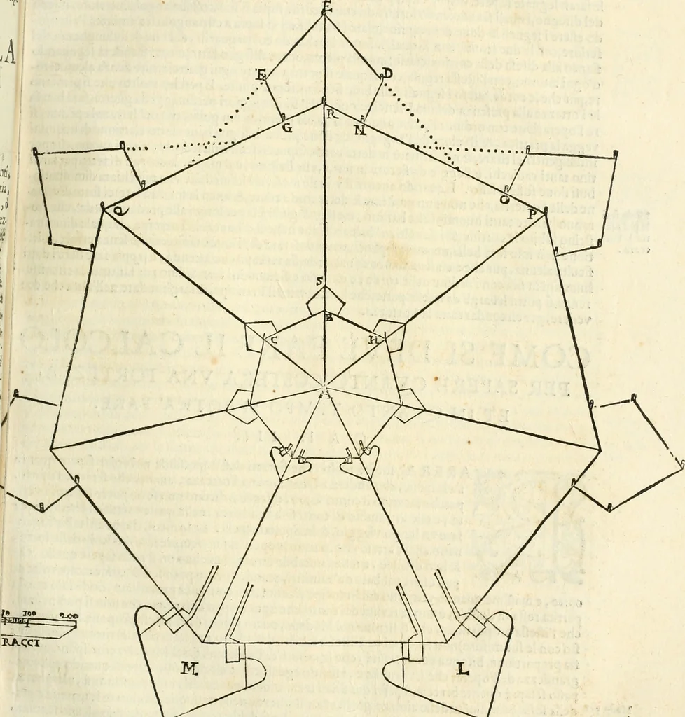 An illustration from Le fortificationi di Buonaiuto Lorini, nobile fiorentino ... : con l'aggiunta del sesto libro doue si mostra, con la scienza e con la pratica, l'ordine di fortificare le città & altri luoghi, con tutti gli auuertimenti, che più possono apportar benficio per la sicurtà delle fortezze .., 1609, leaf 126