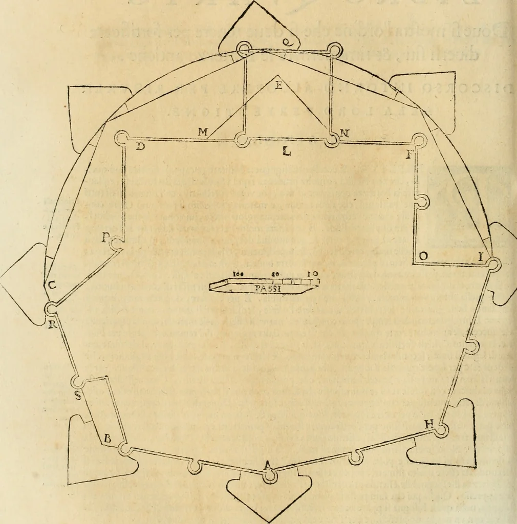 An illustration from Le fortificationi di Buonaiuto Lorini, nobile fiorentino ... : con l'aggiunta del sesto libro doue si mostra, con la scienza e con la pratica, l'ordine di fortificare le città & altri luoghi, con tutti gli auuertimenti, che più possono apportar benficio per la sicurtà delle fortezze .., 1609, leaf 183