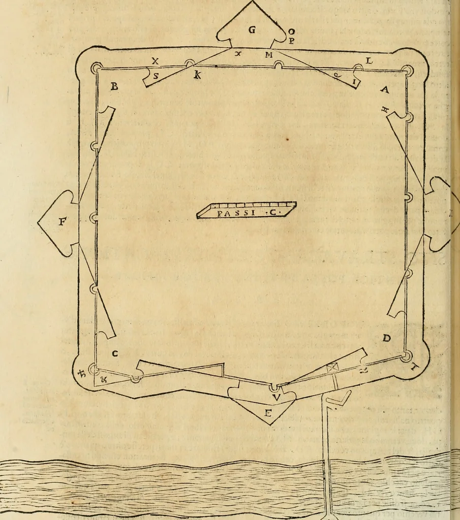 An illustration from Le fortificationi di Buonaiuto Lorini, nobile fiorentino ... : con l'aggiunta del sesto libro doue si mostra, con la scienza e con la pratica, l'ordine di fortificare le città & altri luoghi, con tutti gli auuertimenti, che più possono apportar benficio per la sicurtà delle fortezze .., 1609, leaf 185