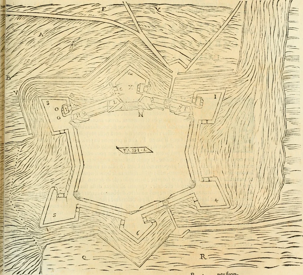 An illustration from Le fortificationi di Buonaiuto Lorini, nobile fiorentino ... : con l'aggiunta del sesto libro doue si mostra, con la scienza e con la pratica, l'ordine di fortificare le città & altri luoghi, con tutti gli auuertimenti, che più possono apportar benficio per la sicurtà delle fortezze .., 1609, leaf 190