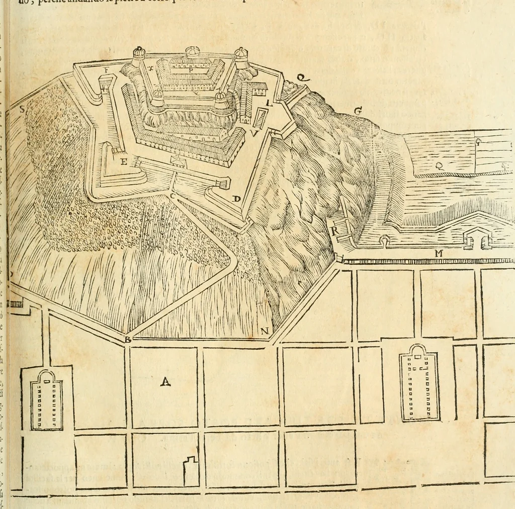 An illustration from Le fortificationi di Buonaiuto Lorini, nobile fiorentino ... : con l'aggiunta del sesto libro doue si mostra, con la scienza e con la pratica, l'ordine di fortificare le città & altri luoghi, con tutti gli auuertimenti, che più possono apportar benficio per la sicurtà delle fortezze .., 1609, leaf 194