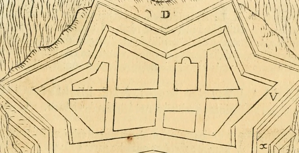 An illustration from Le fortificationi di Buonaiuto Lorini, nobile fiorentino ... : con l'aggiunta del sesto libro doue si mostra, con la scienza e con la pratica, l'ordine di fortificare le città & altri luoghi, con tutti gli auuertimenti, che più possono apportar benficio per la sicurtà delle fortezze .., 1609, leaf 198