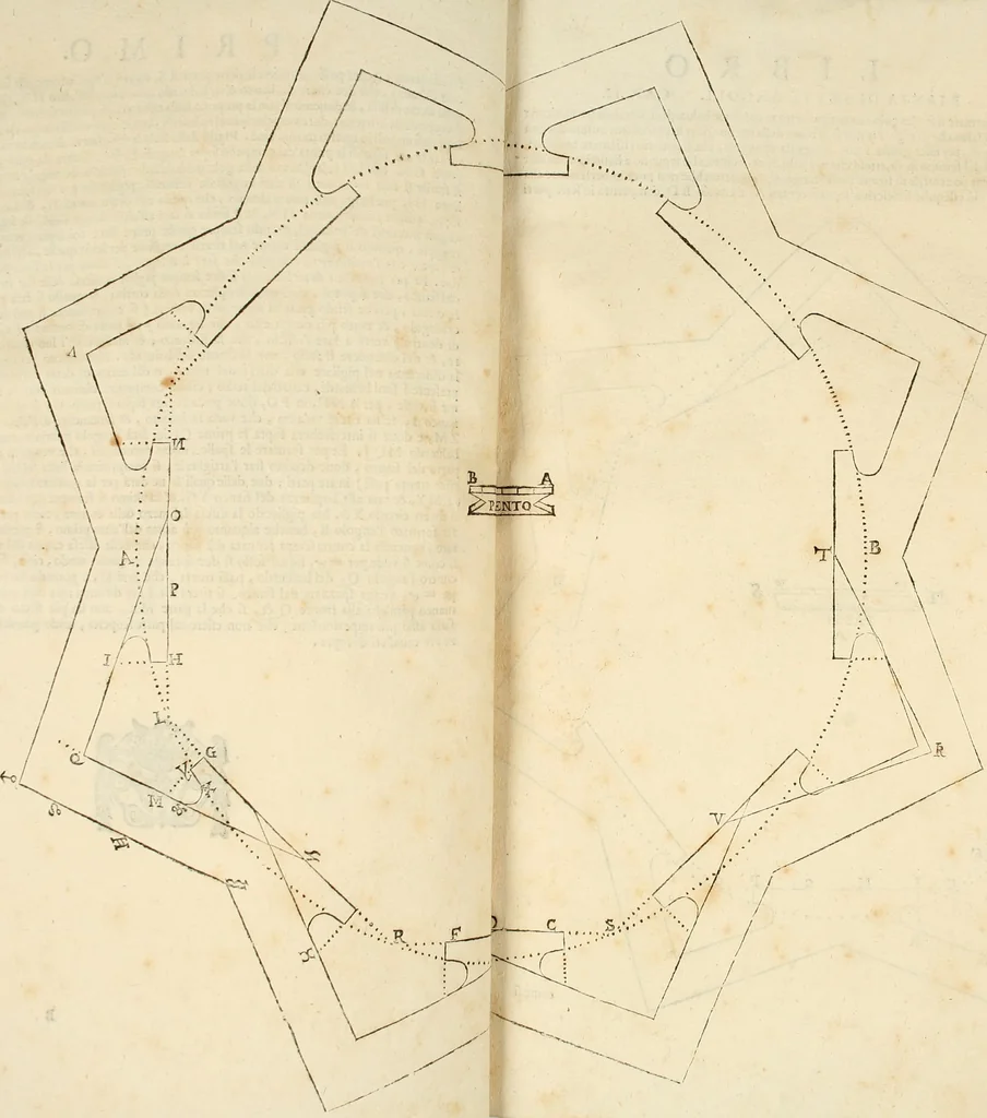 An illustration from Le fortificationi di Buonaiuto Lorini, nobile fiorentino ... : con l'aggiunta del sesto libro doue si mostra, con la scienza e con la pratica, l'ordine di fortificare le città & altri luoghi, con tutti gli auuertimenti, che più possono apportar benficio per la sicurtà delle fortezze .., 1609, leaf 26