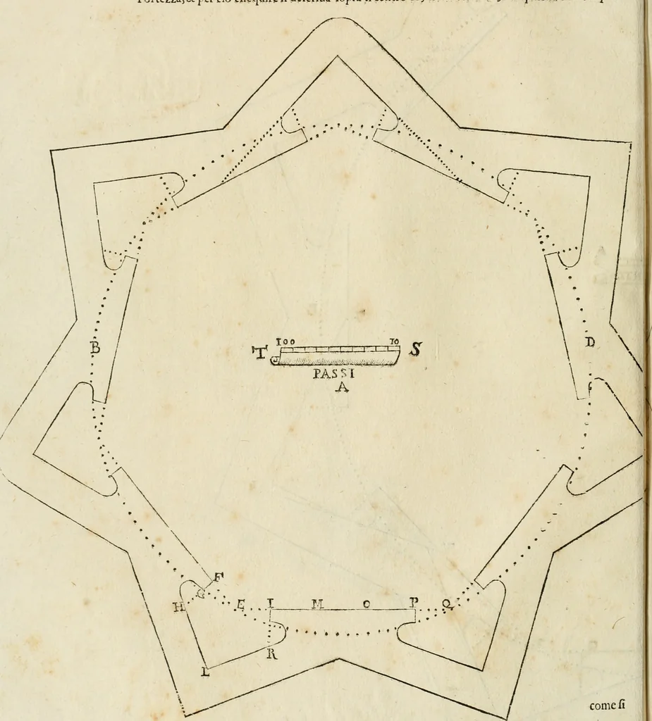 An illustration from Le fortificationi di Buonaiuto Lorini, nobile fiorentino ... : con l'aggiunta del sesto libro doue si mostra, con la scienza e con la pratica, l'ordine di fortificare le città & altri luoghi, con tutti gli auuertimenti, che più possono apportar benficio per la sicurtà delle fortezze .., 1609, leaf 27