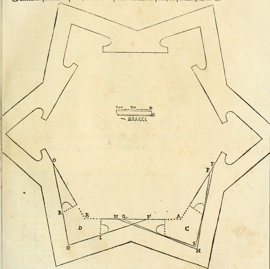 An illustration from Le fortificationi di Buonaiuto Lorini, nobile fiorentino ... : con l'aggiunta del sesto libro doue si mostra, con la scienza e con la pratica, l'ordine di fortificare le città & altri luoghi, con tutti gli auuertimenti, che più possono apportar benficio per la sicurtà delle fortezze .., 1609, leaf 28