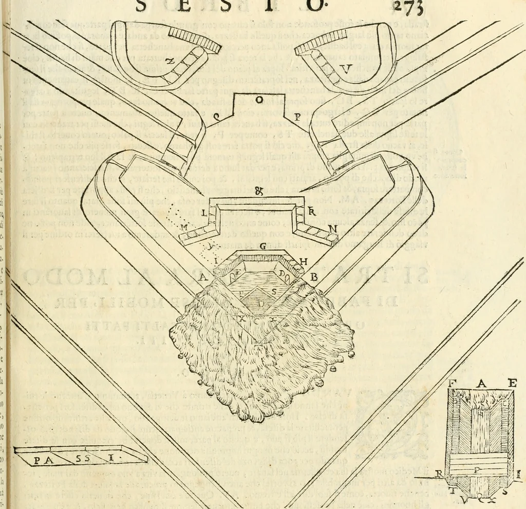 An illustration from Le fortificationi di Buonaiuto Lorini, nobile fiorentino ... : con l'aggiunta del sesto libro doue si mostra, con la scienza e con la pratica, l'ordine di fortificare le città & altri luoghi, con tutti gli auuertimenti, che più possono apportar benficio per la sicurtà delle fortezze .., 1609, leaf 284