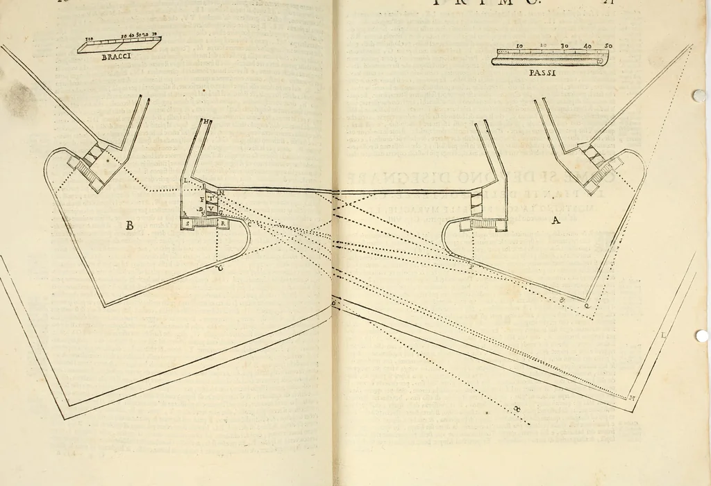 An illustration from Le fortificationi di Buonaiuto Lorini, nobile fiorentino ... : con l'aggiunta del sesto libro doue si mostra, con la scienza e con la pratica, l'ordine di fortificare le città & altri luoghi, con tutti gli auuertimenti, che più possono apportar benficio per la sicurtà delle fortezze .., 1609, leaf 35