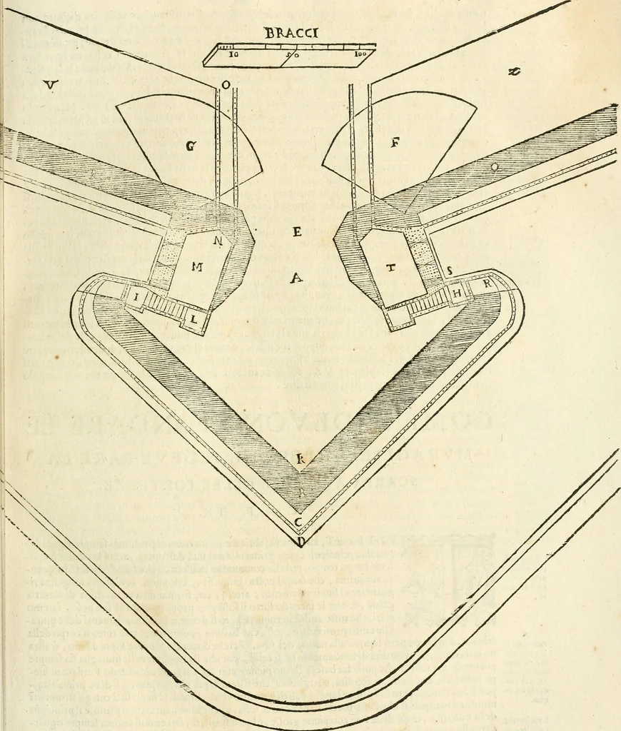 An illustration from Le fortificationi di Buonaiuto Lorini, nobile fiorentino ... : con l'aggiunta del sesto libro doue si mostra, con la scienza e con la pratica, l'ordine di fortificare le città & altri luoghi, con tutti gli auuertimenti, che più possono apportar benficio per la sicurtà delle fortezze .., 1609, leaf 38