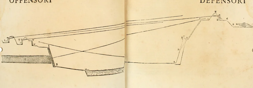 An illustration from Le fortificationi di Buonaiuto Lorini, nobile fiorentino ... : con l'aggiunta del sesto libro doue si mostra, con la scienza e con la pratica, l'ordine di fortificare le città & altri luoghi, con tutti gli auuertimenti, che più possono apportar benficio per la sicurtà delle fortezze .., 1609, leaf 46