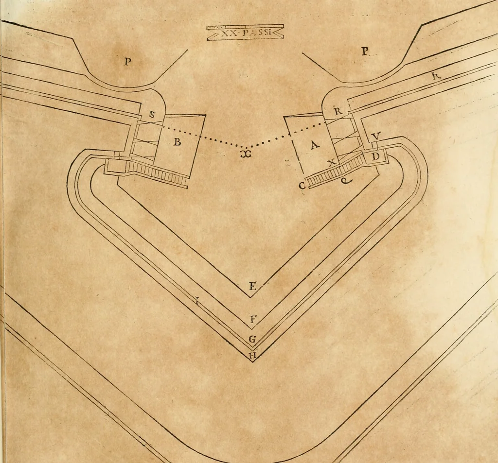 An illustration from Le fortificationi di Buonaiuto Lorini, nobile fiorentino ... : con l'aggiunta del sesto libro doue si mostra, con la scienza e con la pratica, l'ordine di fortificare le città & altri luoghi, con tutti gli auuertimenti, che più possono apportar benficio per la sicurtà delle fortezze .., 1609, leaf 56