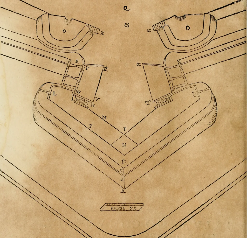 An illustration from Le fortificationi di Buonaiuto Lorini, nobile fiorentino ... : con l'aggiunta del sesto libro doue si mostra, con la scienza e con la pratica, l'ordine di fortificare le città & altri luoghi, con tutti gli auuertimenti, che più possono apportar benficio per la sicurtà delle fortezze .., 1609, leaf 57