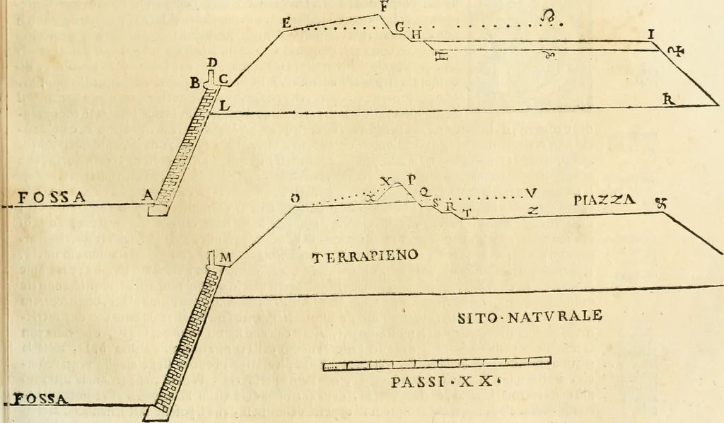 An illustration from Le fortificationi di Buonaiuto Lorini, nobile fiorentino ... : con l'aggiunta del sesto libro doue si mostra, con la scienza e con la pratica, l'ordine di fortificare le città & altri luoghi, con tutti gli auuertimenti, che più possono apportar benficio per la sicurtà delle fortezze .., 1609, leaf 58
