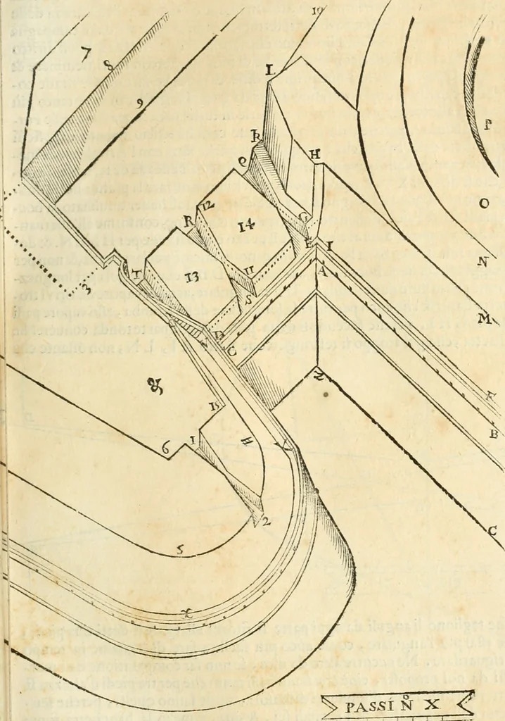 An illustration from Le fortificationi di Buonaiuto Lorini, nobile fiorentino ... : con l'aggiunta del sesto libro doue si mostra, con la scienza e con la pratica, l'ordine di fortificare le città & altri luoghi, con tutti gli auuertimenti, che più possono apportar benficio per la sicurtà delle fortezze .., 1609, leaf 62