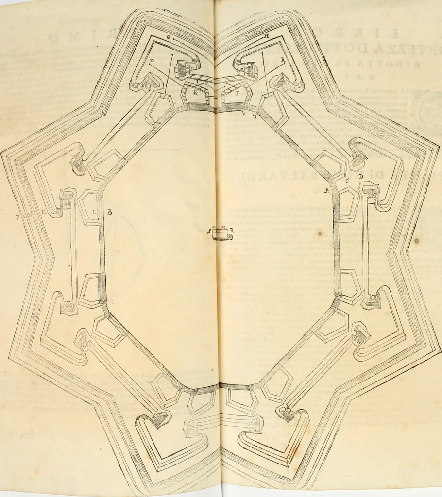 An illustration from Le fortificationi di Buonaiuto Lorini, nobile fiorentino ... : con l'aggiunta del sesto libro doue si mostra, con la scienza e con la pratica, l'ordine di fortificare le città & altri luoghi, con tutti gli auuertimenti, che più possono apportar benficio per la sicurtà delle fortezze .., 1609, leaf 66