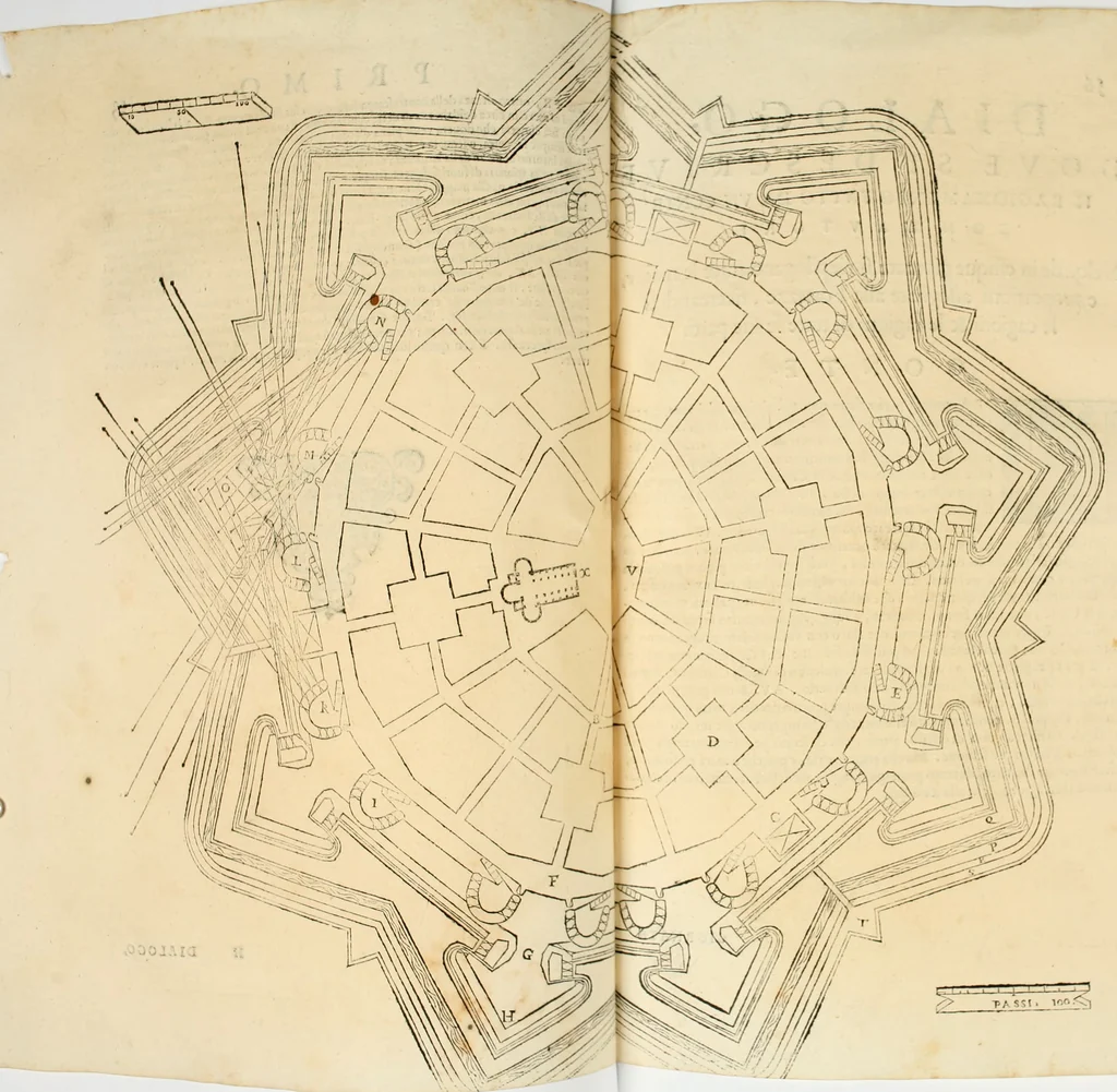 An illustration from Le fortificationi di Buonaiuto Lorini, nobile fiorentino ... : con l'aggiunta del sesto libro doue si mostra, con la scienza e con la pratica, l'ordine di fortificare le città & altri luoghi, con tutti gli auuertimenti, che più possono apportar benficio per la sicurtà delle fortezze .., 1609, leaf 70