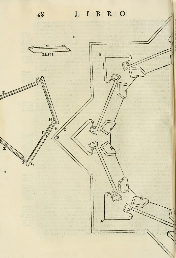 An illustration from Le fortificationi di Buonaiuto Lorini, nobile fiorentino ... : con l'aggiunta del sesto libro doue si mostra, con la scienza e con la pratica, l'ordine di fortificare le città & altri luoghi, con tutti gli auuertimenti, che più possono apportar benficio per la sicurtà delle fortezze .., 1609, leaf 79
