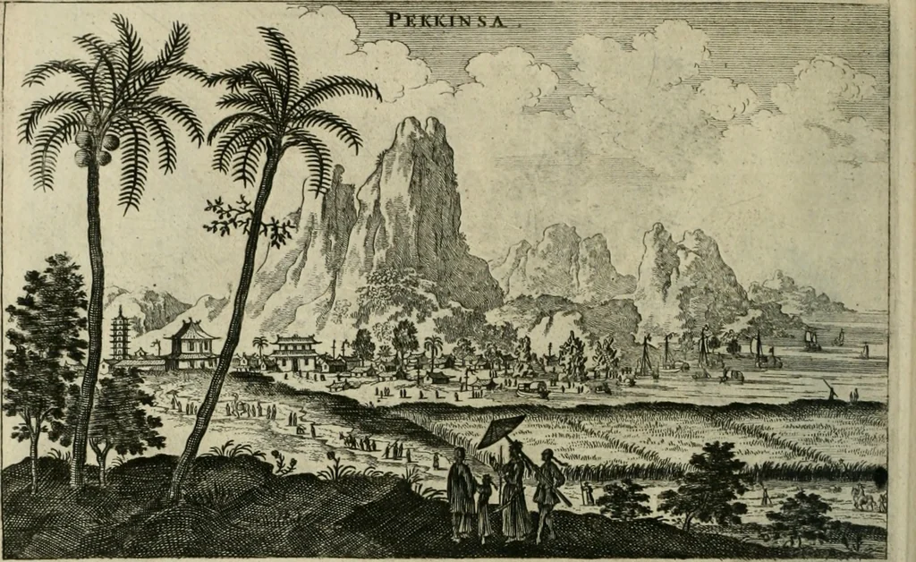 An illustration from Legatio batavica ad magnum Tartariæ chamum Sungteium, modernum Sinæ imperatorem. Historiarum narratione, quæ legatis in provinciis Quantung, Kiangsi, Nanking, Xantung, Peking, & aula imperatoriâ ab anno 1665 ad annum 1657 obtigerunt, ut & ardua Sinensium in bello tartarico fortunâ, provinciarum accurata geographia, urbium delineatione, nec non artis & naturæ miraculis ex animalium, vegetabilium, mineralium genere per centum & quinquaginta æneas figuras passim illustrata & conscripta vernacule, 1668, leaf 101
