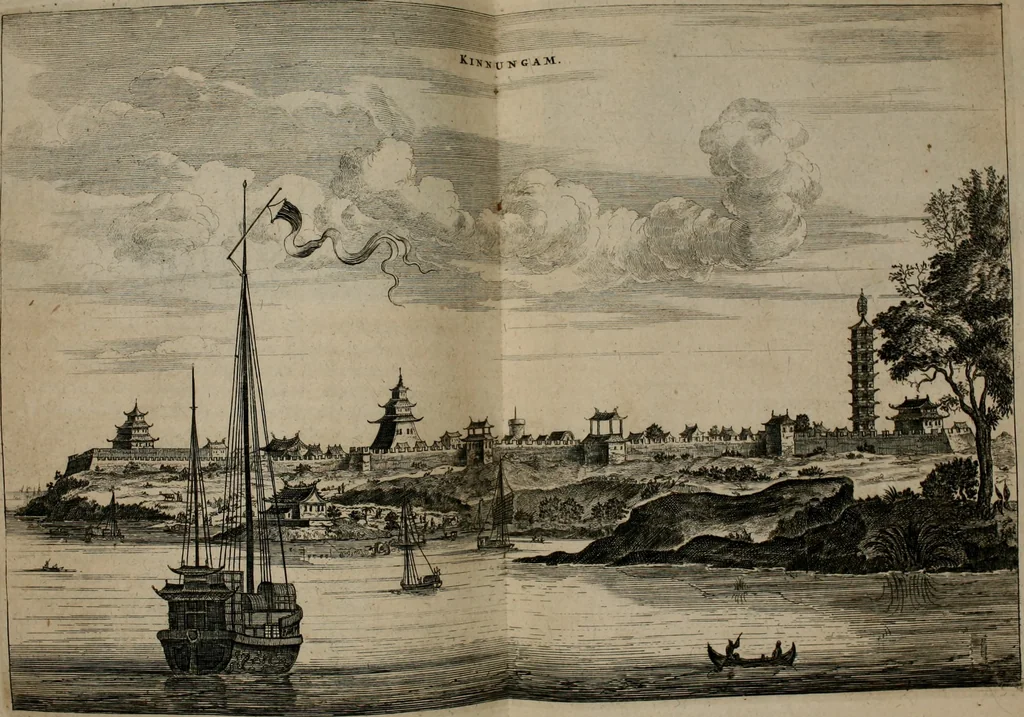 An illustration from Legatio batavica ad magnum Tartariæ chamum Sungteium, modernum Sinæ imperatorem. Historiarum narratione, quæ legatis in provinciis Quantung, Kiangsi, Nanking, Xantung, Peking, & aula imperatoriâ ab anno 1665 ad annum 1657 obtigerunt, ut & ardua Sinensium in bello tartarico fortunâ, provinciarum accurata geographia, urbium delineatione, nec non artis & naturæ miraculis ex animalium, vegetabilium, mineralium genere per centum & quinquaginta æneas figuras passim illustrata & conscripta vernacule, 1668, leaf 105