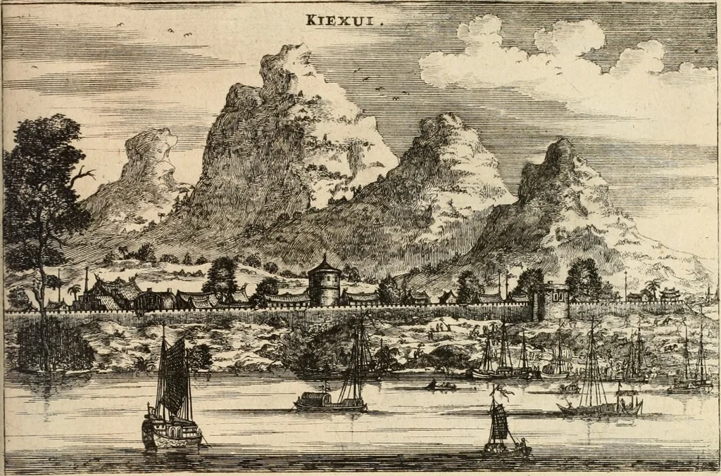 An illustration from Legatio batavica ad magnum Tartariæ chamum Sungteium, modernum Sinæ imperatorem. Historiarum narratione, quæ legatis in provinciis Quantung, Kiangsi, Nanking, Xantung, Peking, & aula imperatoriâ ab anno 1665 ad annum 1657 obtigerunt, ut & ardua Sinensium in bello tartarico fortunâ, provinciarum accurata geographia, urbium delineatione, nec non artis & naturæ miraculis ex animalium, vegetabilium, mineralium genere per centum & quinquaginta æneas figuras passim illustrata & conscripta vernacule, 1668, leaf 106