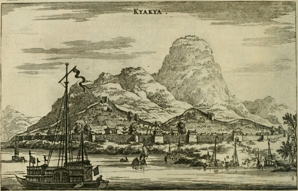 An illustration from Legatio batavica ad magnum Tartariæ chamum Sungteium, modernum Sinæ imperatorem. Historiarum narratione, quæ legatis in provinciis Quantung, Kiangsi, Nanking, Xantung, Peking, & aula imperatoriâ ab anno 1665 ad annum 1657 obtigerunt, ut & ardua Sinensium in bello tartarico fortunâ, provinciarum accurata geographia, urbium delineatione, nec non artis & naturæ miraculis ex animalium, vegetabilium, mineralium genere per centum & quinquaginta æneas figuras passim illustrata & conscripta vernacule, 1668, leaf 107