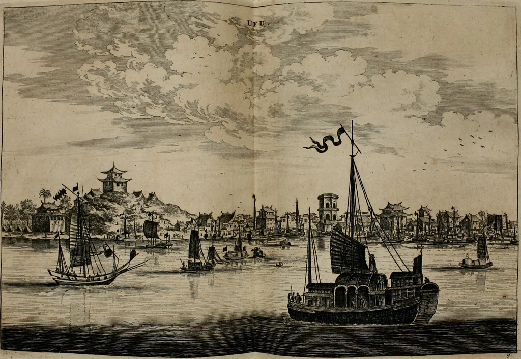 An illustration from Legatio batavica ad magnum Tartariæ chamum Sungteium, modernum Sinæ imperatorem. Historiarum narratione, quæ legatis in provinciis Quantung, Kiangsi, Nanking, Xantung, Peking, & aula imperatoriâ ab anno 1665 ad annum 1657 obtigerunt, ut & ardua Sinensium in bello tartarico fortunâ, provinciarum accurata geographia, urbium delineatione, nec non artis & naturæ miraculis ex animalium, vegetabilium, mineralium genere per centum & quinquaginta æneas figuras passim illustrata & conscripta vernacule, 1668, leaf 135