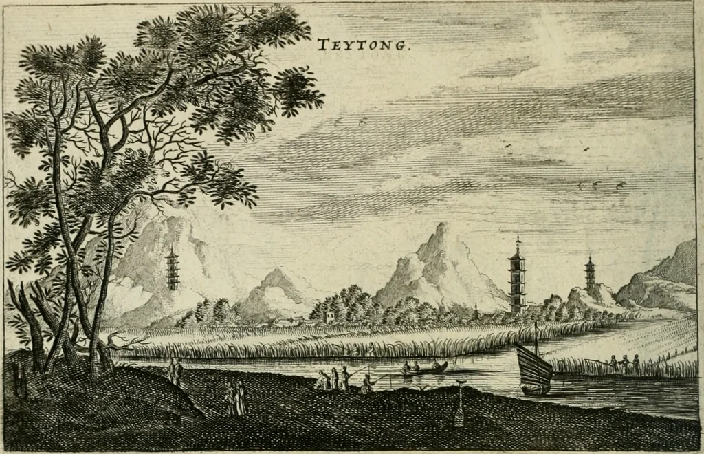 An illustration from Legatio batavica ad magnum Tartariæ chamum Sungteium, modernum Sinæ imperatorem. Historiarum narratione, quæ legatis in provinciis Quantung, Kiangsi, Nanking, Xantung, Peking, & aula imperatoriâ ab anno 1665 ad annum 1657 obtigerunt, ut & ardua Sinensium in bello tartarico fortunâ, provinciarum accurata geographia, urbium delineatione, nec non artis & naturæ miraculis ex animalium, vegetabilium, mineralium genere per centum & quinquaginta æneas figuras passim illustrata & conscripta vernacule, 1668, leaf 137