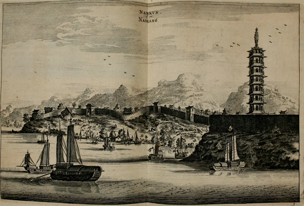An illustration from Legatio batavica ad magnum Tartariæ chamum Sungteium, modernum Sinæ imperatorem. Historiarum narratione, quæ legatis in provinciis Quantung, Kiangsi, Nanking, Xantung, Peking, & aula imperatoriâ ab anno 1665 ad annum 1657 obtigerunt, ut & ardua Sinensium in bello tartarico fortunâ, provinciarum accurata geographia, urbium delineatione, nec non artis & naturæ miraculis ex animalium, vegetabilium, mineralium genere per centum & quinquaginta æneas figuras passim illustrata & conscripta vernacule, 1668, leaf 139