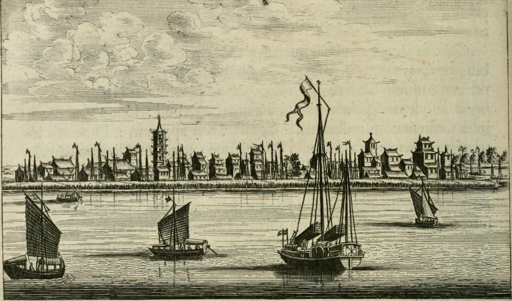 An illustration from Legatio batavica ad magnum Tartariæ chamum Sungteium, modernum Sinæ imperatorem. Historiarum narratione, quæ legatis in provinciis Quantung, Kiangsi, Nanking, Xantung, Peking, & aula imperatoriâ ab anno 1665 ad annum 1657 obtigerunt, ut & ardua Sinensium in bello tartarico fortunâ, provinciarum accurata geographia, urbium delineatione, nec non artis & naturæ miraculis ex animalium, vegetabilium, mineralium genere per centum & quinquaginta æneas figuras passim illustrata & conscripta vernacule, 1668, leaf 153