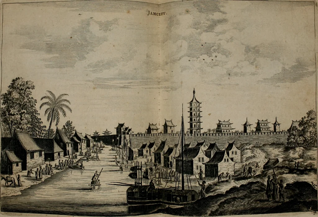 An illustration from Legatio batavica ad magnum Tartariæ chamum Sungteium, modernum Sinæ imperatorem. Historiarum narratione, quæ legatis in provinciis Quantung, Kiangsi, Nanking, Xantung, Peking, & aula imperatoriâ ab anno 1665 ad annum 1657 obtigerunt, ut & ardua Sinensium in bello tartarico fortunâ, provinciarum accurata geographia, urbium delineatione, nec non artis & naturæ miraculis ex animalium, vegetabilium, mineralium genere per centum & quinquaginta æneas figuras passim illustrata & conscripta vernacule, 1668, leaf 155