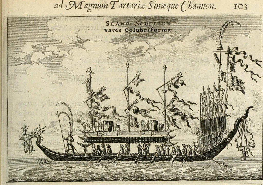An illustration from Legatio batavica ad magnum Tartariæ chamum Sungteium, modernum Sinæ imperatorem. Historiarum narratione, quæ legatis in provinciis Quantung, Kiangsi, Nanking, Xantung, Peking, & aula imperatoriâ ab anno 1665 ad annum 1657 obtigerunt, ut & ardua Sinensium in bello tartarico fortunâ, provinciarum accurata geographia, urbium delineatione, nec non artis & naturæ miraculis ex animalium, vegetabilium, mineralium genere per centum & quinquaginta æneas figuras passim illustrata & conscripta vernacule, 1668, leaf 158
