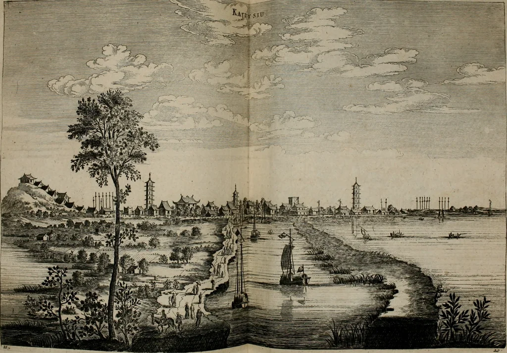 An illustration from Legatio batavica ad magnum Tartariæ chamum Sungteium, modernum Sinæ imperatorem. Historiarum narratione, quæ legatis in provinciis Quantung, Kiangsi, Nanking, Xantung, Peking, & aula imperatoriâ ab anno 1665 ad annum 1657 obtigerunt, ut & ardua Sinensium in bello tartarico fortunâ, provinciarum accurata geographia, urbium delineatione, nec non artis & naturæ miraculis ex animalium, vegetabilium, mineralium genere per centum & quinquaginta æneas figuras passim illustrata & conscripta vernacule, 1668, leaf 163
