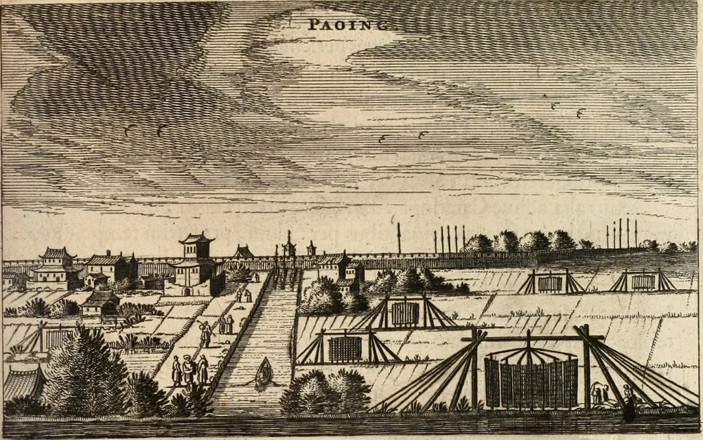 An illustration from Legatio batavica ad magnum Tartariæ chamum Sungteium, modernum Sinæ imperatorem. Historiarum narratione, quæ legatis in provinciis Quantung, Kiangsi, Nanking, Xantung, Peking, & aula imperatoriâ ab anno 1665 ad annum 1657 obtigerunt, ut & ardua Sinensium in bello tartarico fortunâ, provinciarum accurata geographia, urbium delineatione, nec non artis & naturæ miraculis ex animalium, vegetabilium, mineralium genere per centum & quinquaginta æneas figuras passim illustrata & conscripta vernacule, 1668, leaf 164