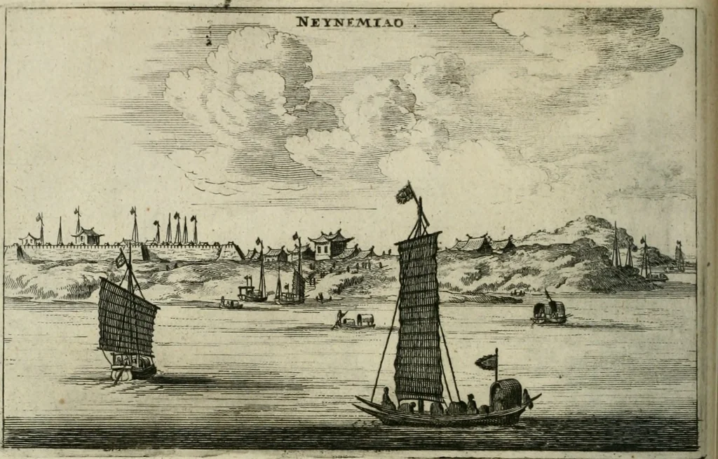 An illustration from Legatio batavica ad magnum Tartariæ chamum Sungteium, modernum Sinæ imperatorem. Historiarum narratione, quæ legatis in provinciis Quantung, Kiangsi, Nanking, Xantung, Peking, & aula imperatoriâ ab anno 1665 ad annum 1657 obtigerunt, ut & ardua Sinensium in bello tartarico fortunâ, provinciarum accurata geographia, urbium delineatione, nec non artis & naturæ miraculis ex animalium, vegetabilium, mineralium genere per centum & quinquaginta æneas figuras passim illustrata & conscripta vernacule, 1668, leaf 169