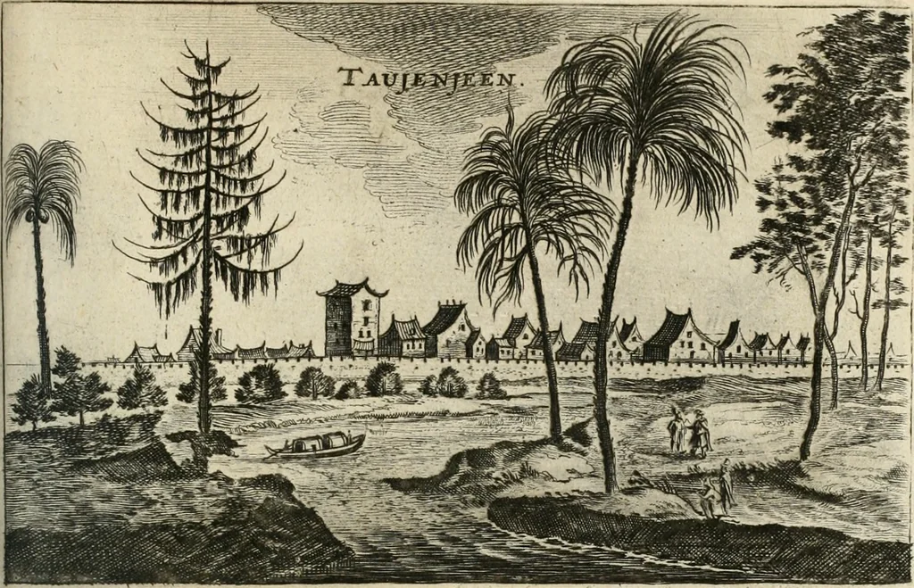 An illustration from Legatio batavica ad magnum Tartariæ chamum Sungteium, modernum Sinæ imperatorem. Historiarum narratione, quæ legatis in provinciis Quantung, Kiangsi, Nanking, Xantung, Peking, & aula imperatoriâ ab anno 1665 ad annum 1657 obtigerunt, ut & ardua Sinensium in bello tartarico fortunâ, provinciarum accurata geographia, urbium delineatione, nec non artis & naturæ miraculis ex animalium, vegetabilium, mineralium genere per centum & quinquaginta æneas figuras passim illustrata & conscripta vernacule, 1668, leaf 170