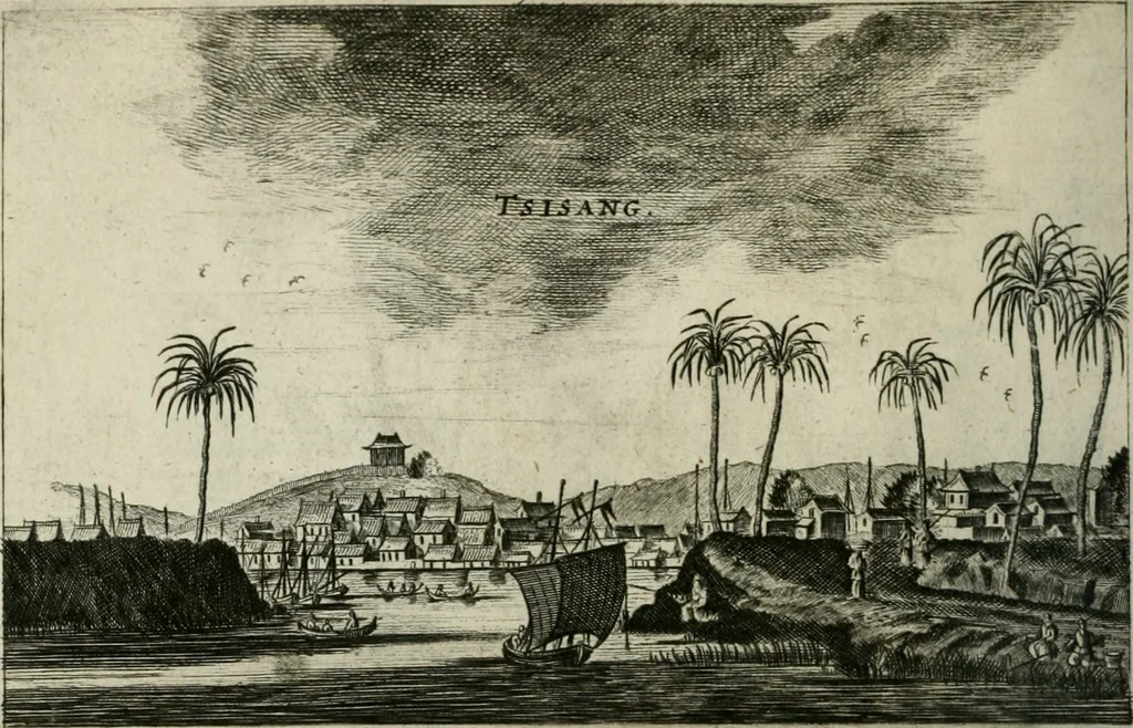 An illustration from Legatio batavica ad magnum Tartariæ chamum Sungteium, modernum Sinæ imperatorem. Historiarum narratione, quæ legatis in provinciis Quantung, Kiangsi, Nanking, Xantung, Peking, & aula imperatoriâ ab anno 1665 ad annum 1657 obtigerunt, ut & ardua Sinensium in bello tartarico fortunâ, provinciarum accurata geographia, urbium delineatione, nec non artis & naturæ miraculis ex animalium, vegetabilium, mineralium genere per centum & quinquaginta æneas figuras passim illustrata & conscripta vernacule, 1668, leaf 171