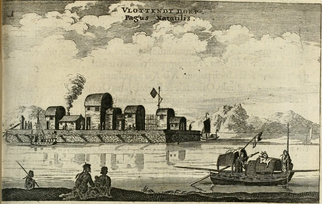 An illustration from Legatio batavica ad magnum Tartariæ chamum Sungteium, modernum Sinæ imperatorem. Historiarum narratione, quæ legatis in provinciis Quantung, Kiangsi, Nanking, Xantung, Peking, & aula imperatoriâ ab anno 1665 ad annum 1657 obtigerunt, ut & ardua Sinensium in bello tartarico fortunâ, provinciarum accurata geographia, urbium delineatione, nec non artis & naturæ miraculis ex animalium, vegetabilium, mineralium genere per centum & quinquaginta æneas figuras passim illustrata & conscripta vernacule, 1668, leaf 172
