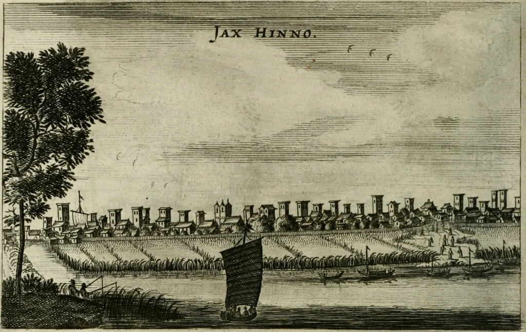 An illustration from Legatio batavica ad magnum Tartariæ chamum Sungteium, modernum Sinæ imperatorem. Historiarum narratione, quæ legatis in provinciis Quantung, Kiangsi, Nanking, Xantung, Peking, & aula imperatoriâ ab anno 1665 ad annum 1657 obtigerunt, ut & ardua Sinensium in bello tartarico fortunâ, provinciarum accurata geographia, urbium delineatione, nec non artis & naturæ miraculis ex animalium, vegetabilium, mineralium genere per centum & quinquaginta æneas figuras passim illustrata & conscripta vernacule, 1668, leaf 177