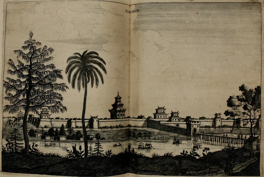 An illustration from Legatio batavica ad magnum Tartariæ chamum Sungteium, modernum Sinæ imperatorem. Historiarum narratione, quæ legatis in provinciis Quantung, Kiangsi, Nanking, Xantung, Peking, & aula imperatoriâ ab anno 1665 ad annum 1657 obtigerunt, ut & ardua Sinensium in bello tartarico fortunâ, provinciarum accurata geographia, urbium delineatione, nec non artis & naturæ miraculis ex animalium, vegetabilium, mineralium genere per centum & quinquaginta æneas figuras passim illustrata & conscripta vernacule, 1668, leaf 185