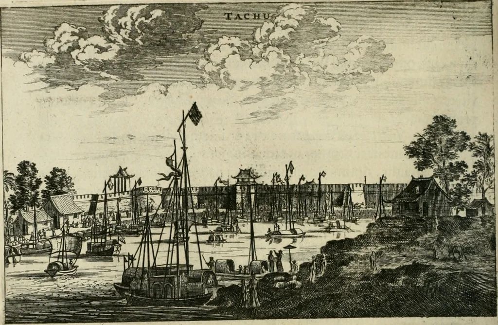 An illustration from Legatio batavica ad magnum Tartariæ chamum Sungteium, modernum Sinæ imperatorem. Historiarum narratione, quæ legatis in provinciis Quantung, Kiangsi, Nanking, Xantung, Peking, & aula imperatoriâ ab anno 1665 ad annum 1657 obtigerunt, ut & ardua Sinensium in bello tartarico fortunâ, provinciarum accurata geographia, urbium delineatione, nec non artis & naturæ miraculis ex animalium, vegetabilium, mineralium genere per centum & quinquaginta æneas figuras passim illustrata & conscripta vernacule, 1668, leaf 193