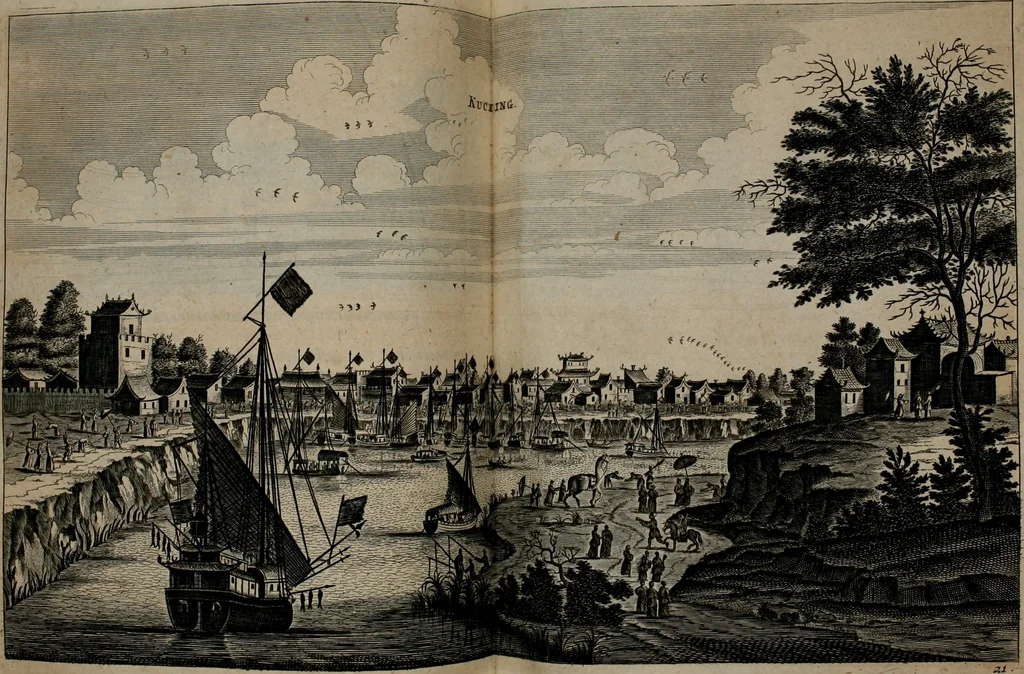 An illustration from Legatio batavica ad magnum Tartariæ chamum Sungteium, modernum Sinæ imperatorem. Historiarum narratione, quæ legatis in provinciis Quantung, Kiangsi, Nanking, Xantung, Peking, & aula imperatoriâ ab anno 1665 ad annum 1657 obtigerunt, ut & ardua Sinensium in bello tartarico fortunâ, provinciarum accurata geographia, urbium delineatione, nec non artis & naturæ miraculis ex animalium, vegetabilium, mineralium genere per centum & quinquaginta æneas figuras passim illustrata & conscripta vernacule, 1668, leaf 195