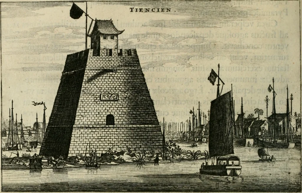 An illustration from Legatio batavica ad magnum Tartariæ chamum Sungteium, modernum Sinæ imperatorem. Historiarum narratione, quæ legatis in provinciis Quantung, Kiangsi, Nanking, Xantung, Peking, & aula imperatoriâ ab anno 1665 ad annum 1657 obtigerunt, ut & ardua Sinensium in bello tartarico fortunâ, provinciarum accurata geographia, urbium delineatione, nec non artis & naturæ miraculis ex animalium, vegetabilium, mineralium genere per centum & quinquaginta æneas figuras passim illustrata & conscripta vernacule, 1668, leaf 207