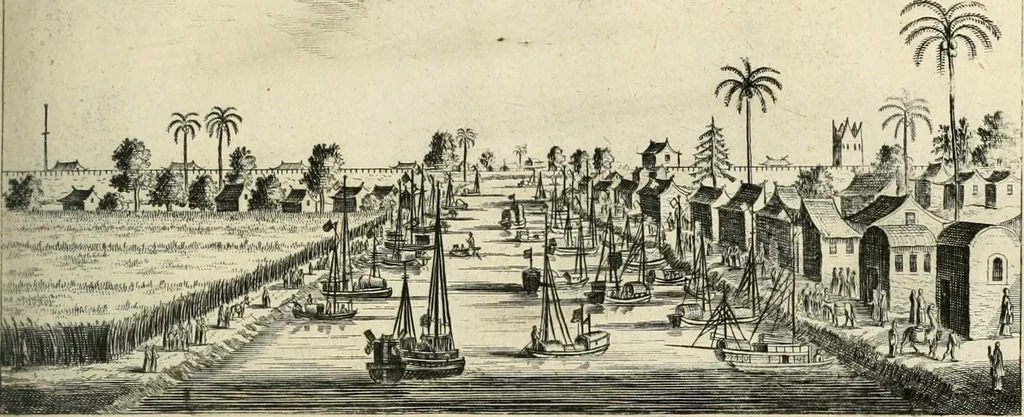 An illustration from Legatio batavica ad magnum Tartariæ chamum Sungteium, modernum Sinæ imperatorem. Historiarum narratione, quæ legatis in provinciis Quantung, Kiangsi, Nanking, Xantung, Peking, & aula imperatoriâ ab anno 1665 ad annum 1657 obtigerunt, ut & ardua Sinensium in bello tartarico fortunâ, provinciarum accurata geographia, urbium delineatione, nec non artis & naturæ miraculis ex animalium, vegetabilium, mineralium genere per centum & quinquaginta æneas figuras passim illustrata & conscripta vernacule, 1668, leaf 208