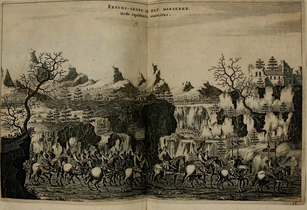 An illustration from Legatio batavica ad magnum Tartariæ chamum Sungteium, modernum Sinæ imperatorem. Historiarum narratione, quæ legatis in provinciis Quantung, Kiangsi, Nanking, Xantung, Peking, & aula imperatoriâ ab anno 1665 ad annum 1657 obtigerunt, ut & ardua Sinensium in bello tartarico fortunâ, provinciarum accurata geographia, urbium delineatione, nec non artis & naturæ miraculis ex animalium, vegetabilium, mineralium genere per centum & quinquaginta æneas figuras passim illustrata & conscripta vernacule, 1668, leaf 213