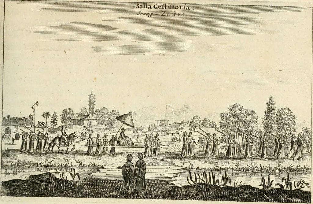 An illustration from Legatio batavica ad magnum Tartariæ chamum Sungteium, modernum Sinæ imperatorem. Historiarum narratione, quæ legatis in provinciis Quantung, Kiangsi, Nanking, Xantung, Peking, & aula imperatoriâ ab anno 1665 ad annum 1657 obtigerunt, ut & ardua Sinensium in bello tartarico fortunâ, provinciarum accurata geographia, urbium delineatione, nec non artis & naturæ miraculis ex animalium, vegetabilium, mineralium genere per centum & quinquaginta æneas figuras passim illustrata & conscripta vernacule, 1668, leaf 244