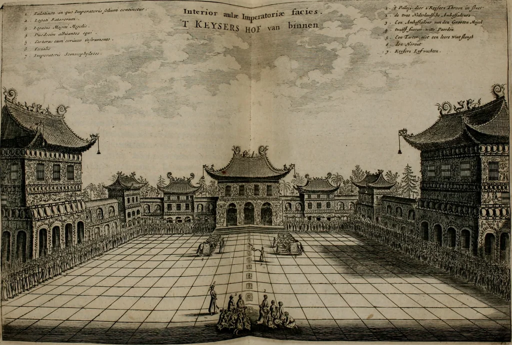 An illustration from Legatio batavica ad magnum Tartariæ chamum Sungteium, modernum Sinæ imperatorem. Historiarum narratione, quæ legatis in provinciis Quantung, Kiangsi, Nanking, Xantung, Peking, & aula imperatoriâ ab anno 1665 ad annum 1657 obtigerunt, ut & ardua Sinensium in bello tartarico fortunâ, provinciarum accurata geographia, urbium delineatione, nec non artis & naturæ miraculis ex animalium, vegetabilium, mineralium genere per centum & quinquaginta æneas figuras passim illustrata & conscripta vernacule, 1668, leaf 249