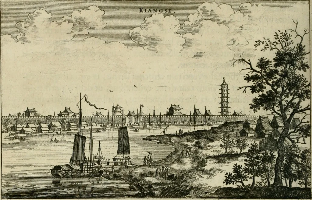 An illustration from Legatio batavica ad magnum Tartariæ chamum Sungteium, modernum Sinæ imperatorem. Historiarum narratione, quæ legatis in provinciis Quantung, Kiangsi, Nanking, Xantung, Peking, & aula imperatoriâ ab anno 1665 ad annum 1657 obtigerunt, ut & ardua Sinensium in bello tartarico fortunâ, provinciarum accurata geographia, urbium delineatione, nec non artis & naturæ miraculis ex animalium, vegetabilium, mineralium genere per centum & quinquaginta æneas figuras passim illustrata & conscripta vernacule, 1668, leaf 251