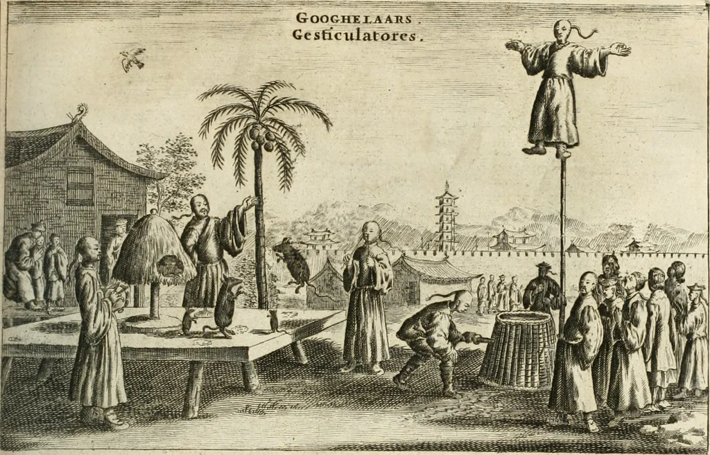 An illustration from Legatio batavica ad magnum Tartariæ chamum Sungteium, modernum Sinæ imperatorem. Historiarum narratione, quæ legatis in provinciis Quantung, Kiangsi, Nanking, Xantung, Peking, & aula imperatoriâ ab anno 1665 ad annum 1657 obtigerunt, ut & ardua Sinensium in bello tartarico fortunâ, provinciarum accurata geographia, urbium delineatione, nec non artis & naturæ miraculis ex animalium, vegetabilium, mineralium genere per centum & quinquaginta æneas figuras passim illustrata & conscripta vernacule, 1668, leaf 286