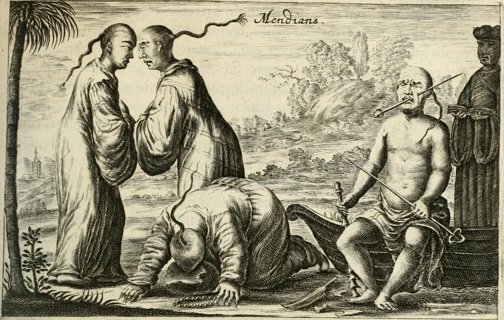 An illustration from Legatio batavica ad magnum Tartariæ chamum Sungteium, modernum Sinæ imperatorem. Historiarum narratione, quæ legatis in provinciis Quantung, Kiangsi, Nanking, Xantung, Peking, & aula imperatoriâ ab anno 1665 ad annum 1657 obtigerunt, ut & ardua Sinensium in bello tartarico fortunâ, provinciarum accurata geographia, urbium delineatione, nec non artis & naturæ miraculis ex animalium, vegetabilium, mineralium genere per centum & quinquaginta æneas figuras passim illustrata & conscripta vernacule, 1668, leaf 288
